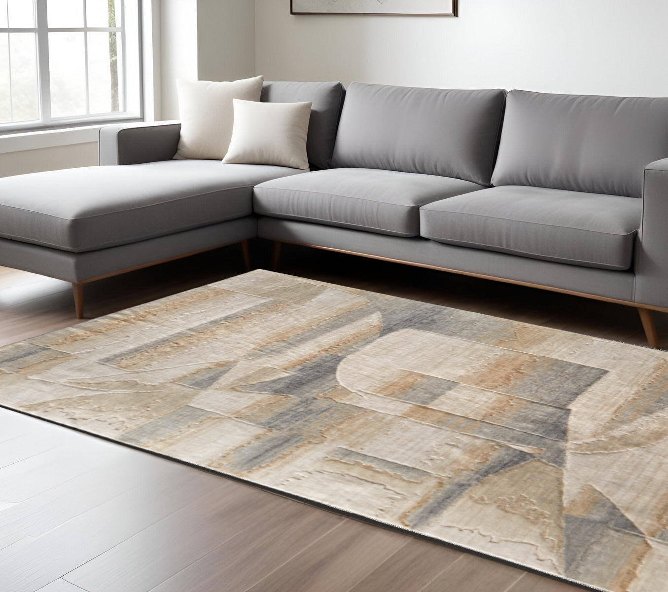 9' X 12' Tan Brown And Gray Abstract Area Rug