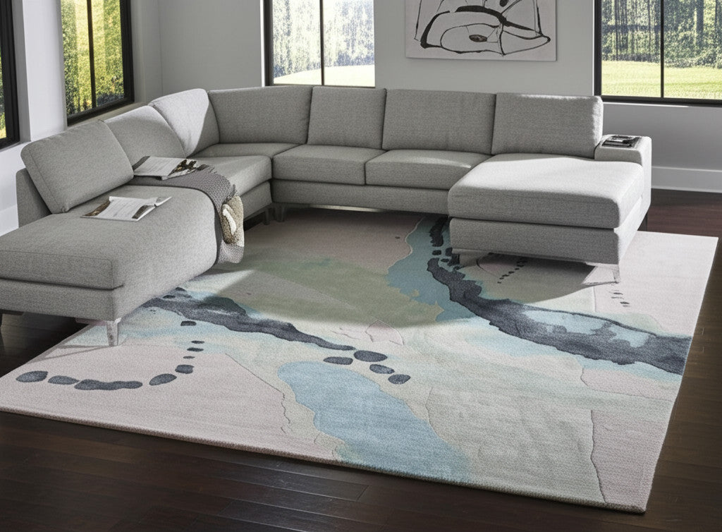 9' X 12' Green Blue And Ivory Abstract Hand Tufted Area Rug
