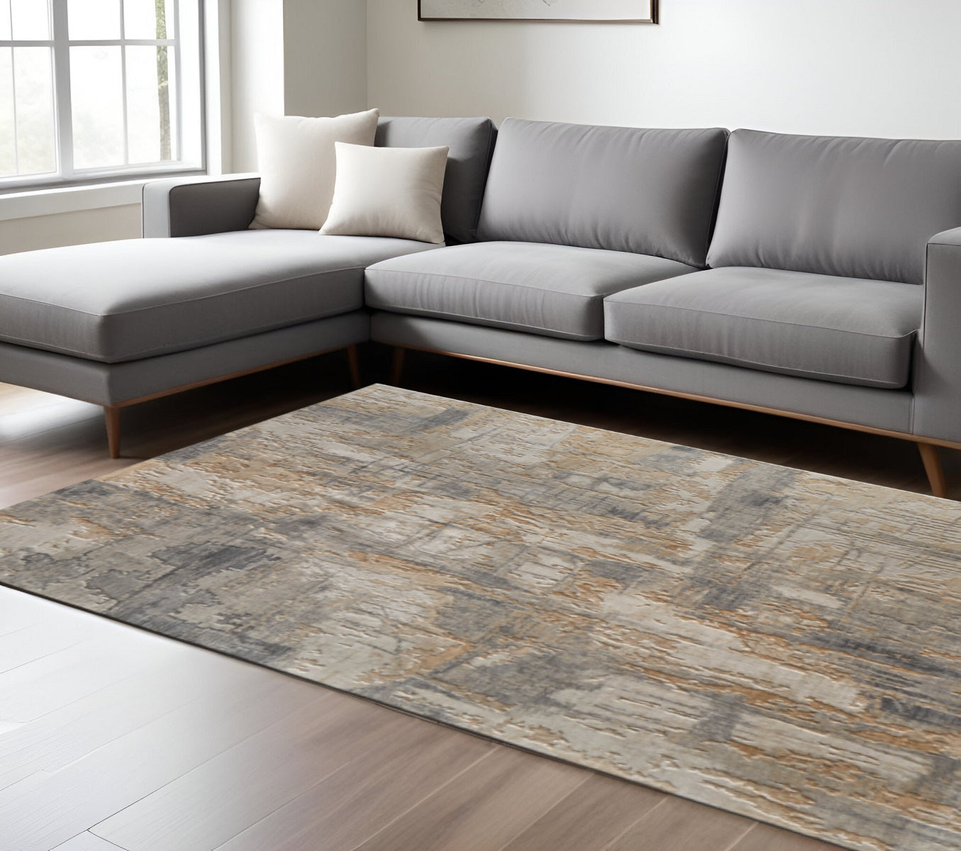 9' X 12' Gray Tan And Ivory Abstract Distressed Area Rug