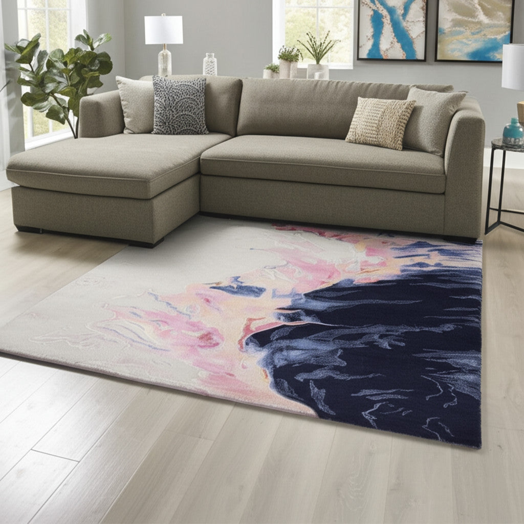 9' X 12' Pink Blue And Ivory Abstract Hand Tufted Area Rug