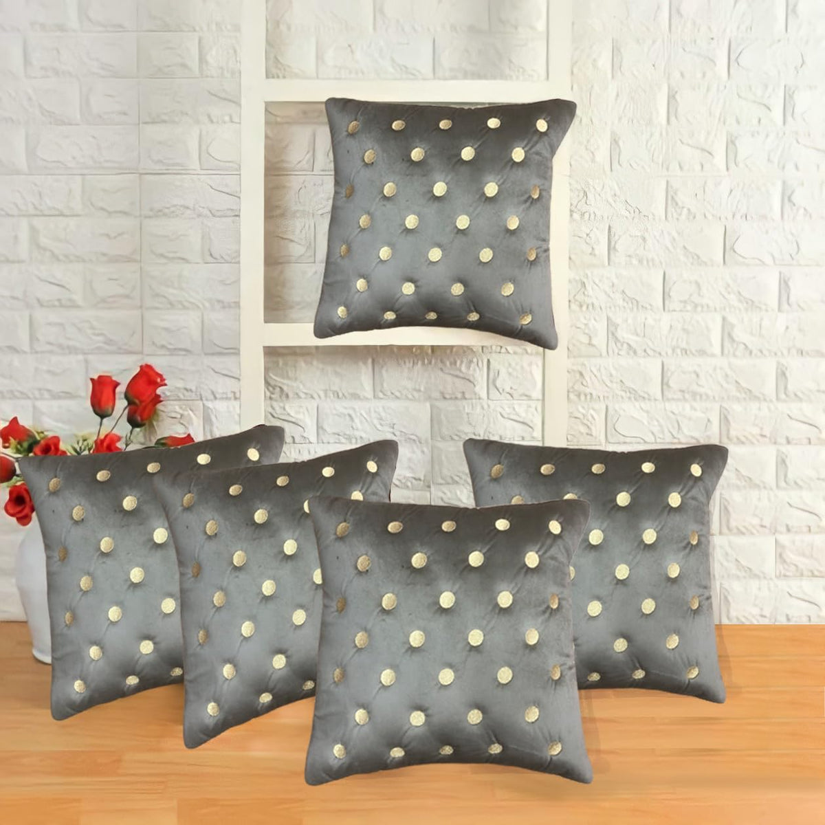 Im Fab Polka Emboridery Velvet Fabric Decorative Throw Cushion Cover 16X16 Set Of 5 (Mouse)