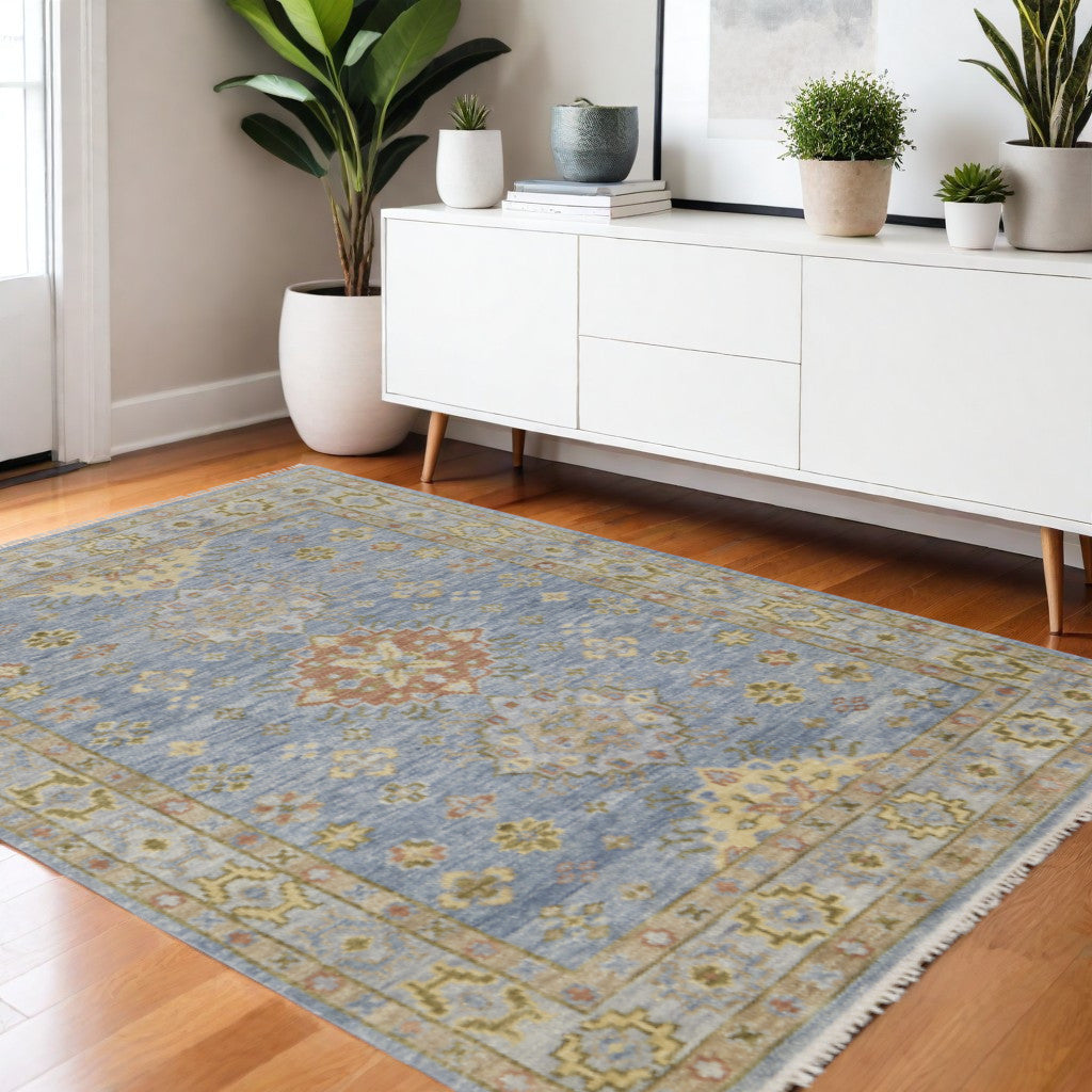 4' X 6' Blue Green And Yellow Geometric Hand Knotted Area Rug With Fringe