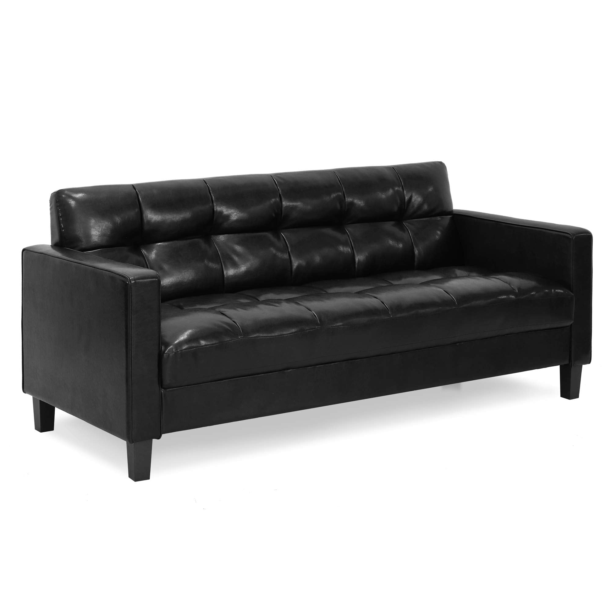 Furinno Brive Contemporary Tufted Faux Leather 3-Seater Sofa Couch For Living Room, Black Faux Leather