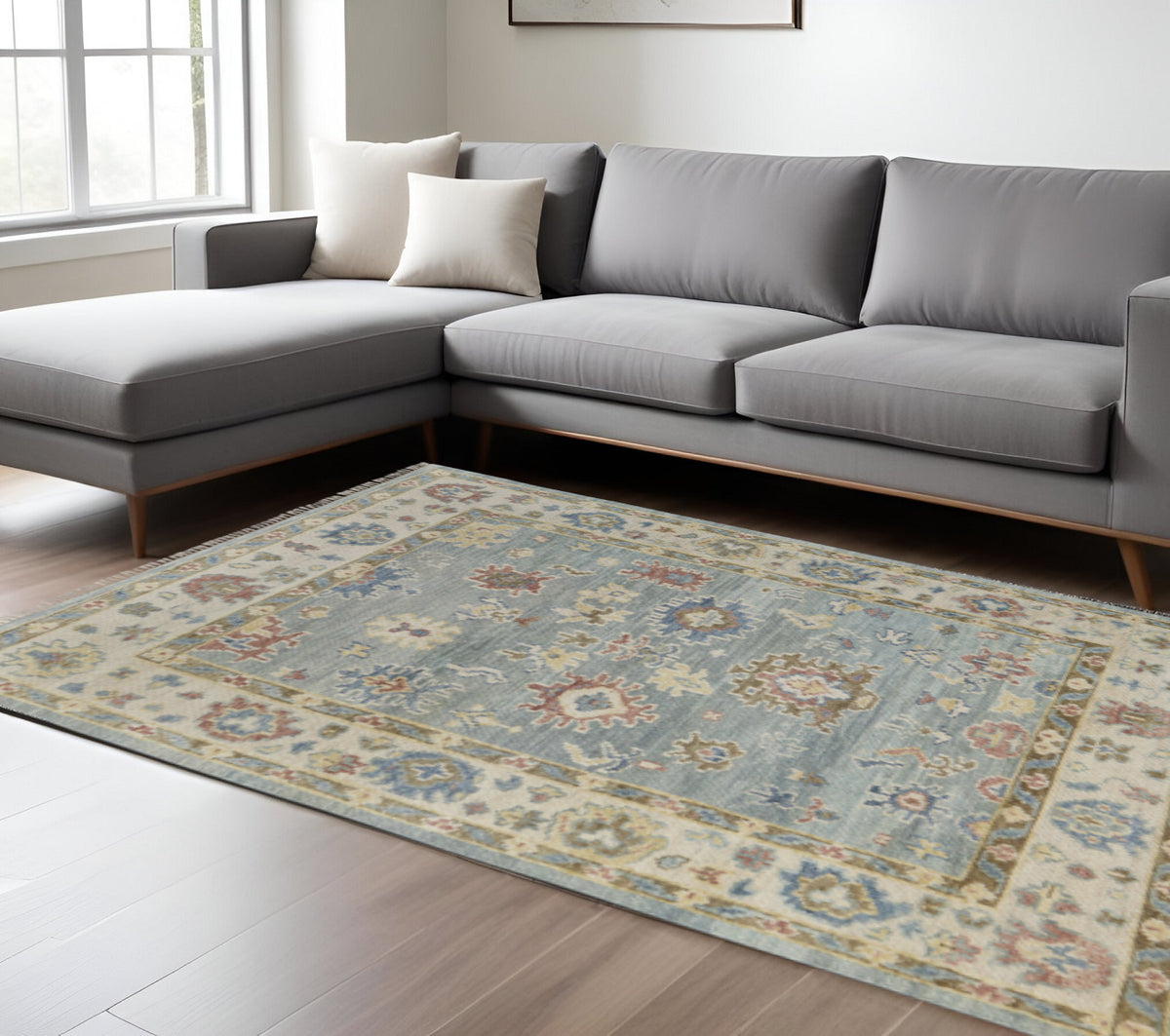 9' X 12' Blue Ivory And Yellow Floral Hand Knotted Area Rug With Fringe