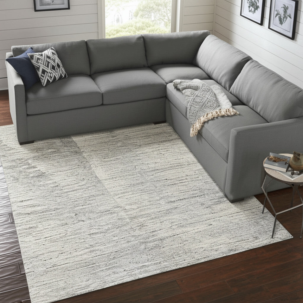 9' X 13' Ivory Taupe And Silver Abstract Hand Knotted Distressed Area Rug