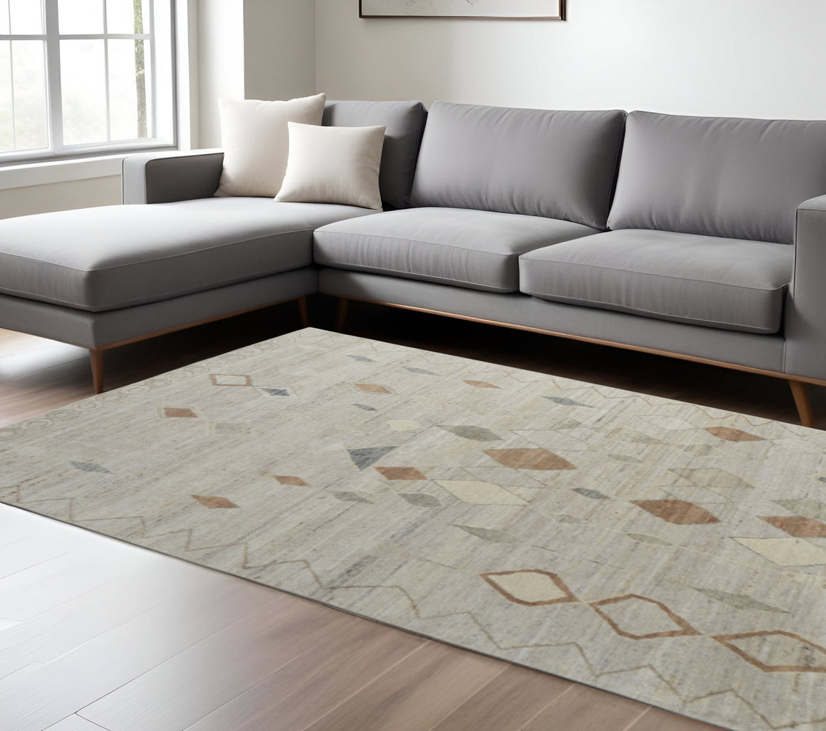 9' X 13' Tan Orange And Gray Moroccan Hand Knotted Area Rug
