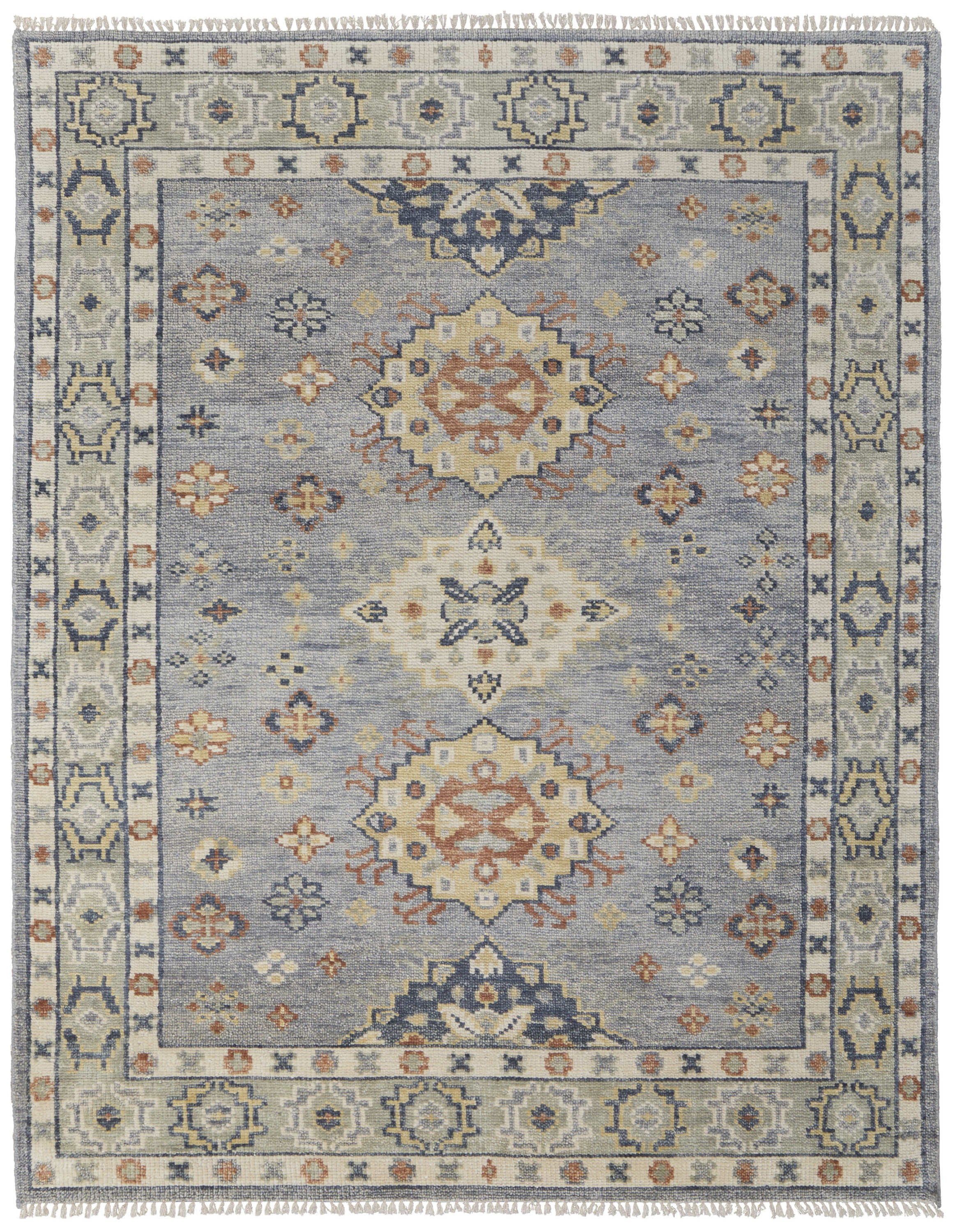 10' X 14' Blue Taupe And Gray Geometric Hand Knotted Area Rug With Fringe