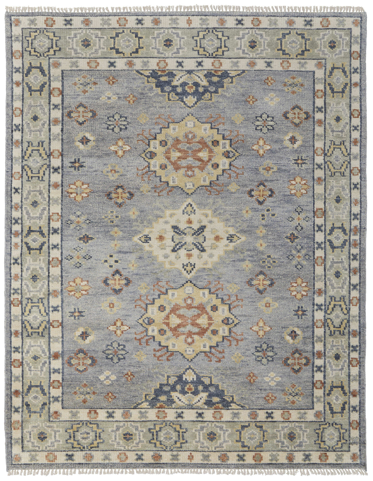 10' X 14' Blue Taupe And Gray Geometric Hand Knotted Area Rug With Fringe