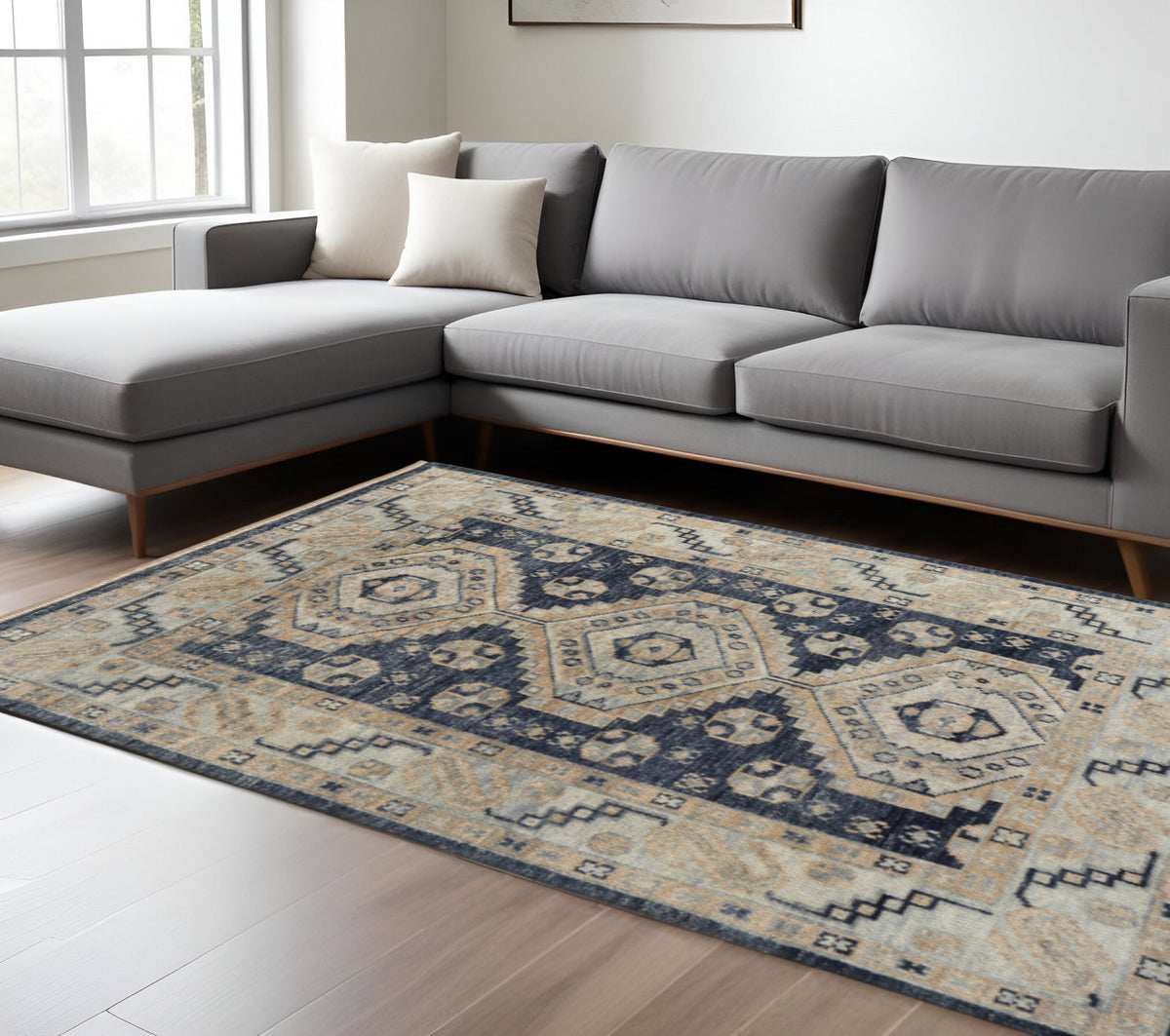 10' X 14' Blue And Ivory Geometric Hand Knotted Area Rug With Fringe