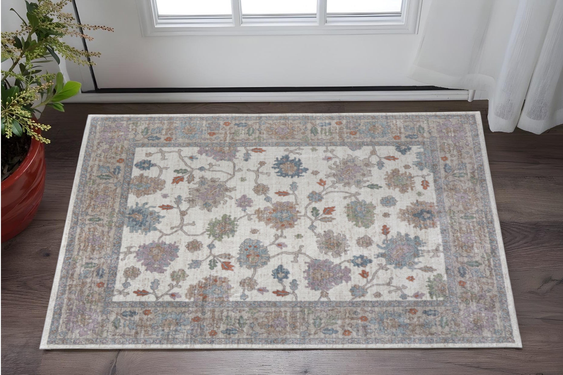 2' X 3' Ivory Brown And Blue Floral Distressed Area Rug