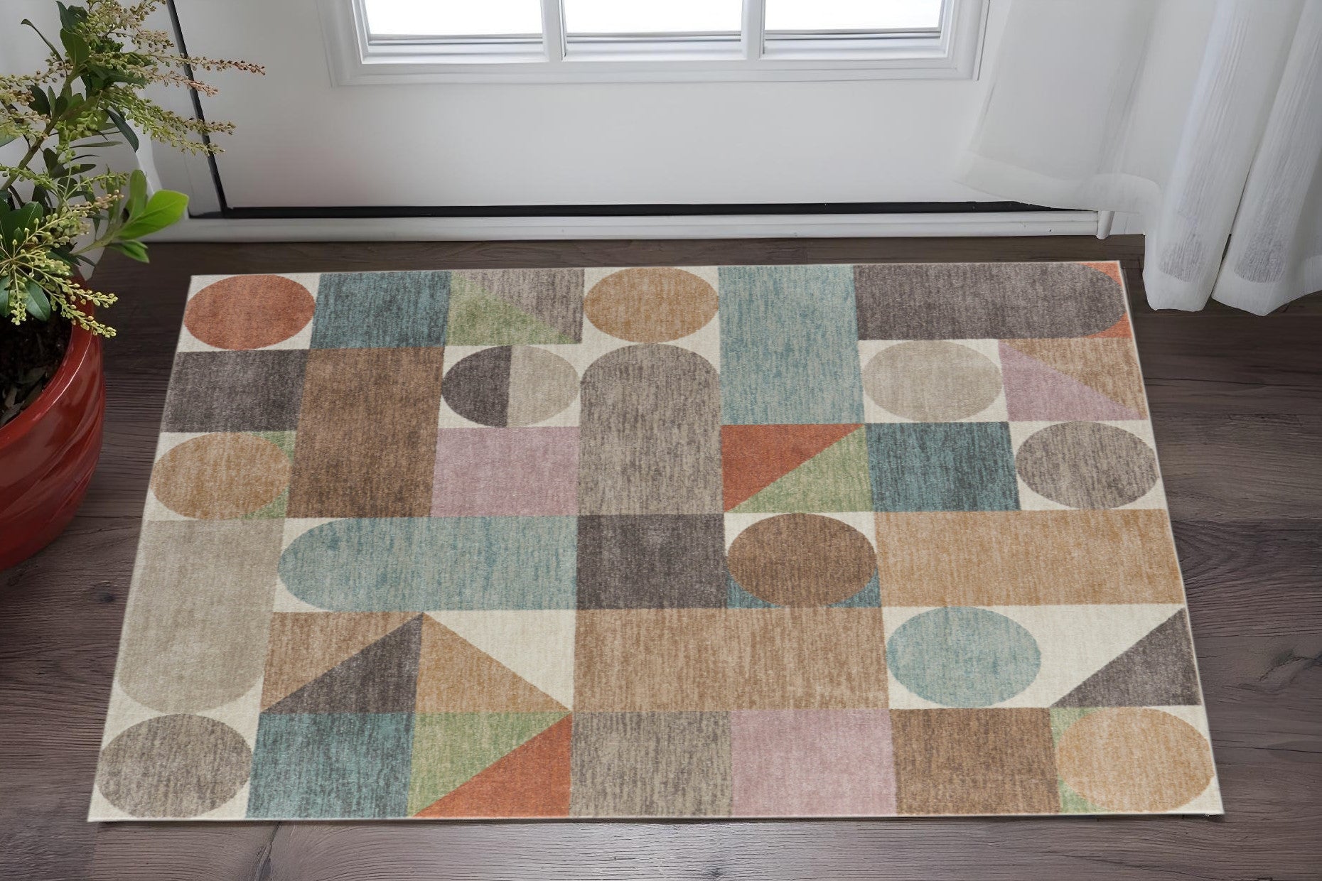 2' X 3' Ivory Brown And Blue Checkered Area Rug