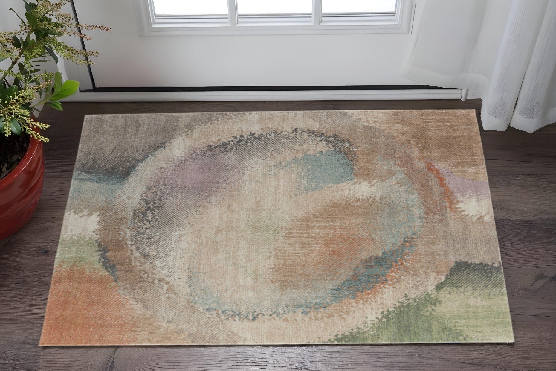 2' X 3' Brown Tan And Blue Abstract Distressed Area Rug