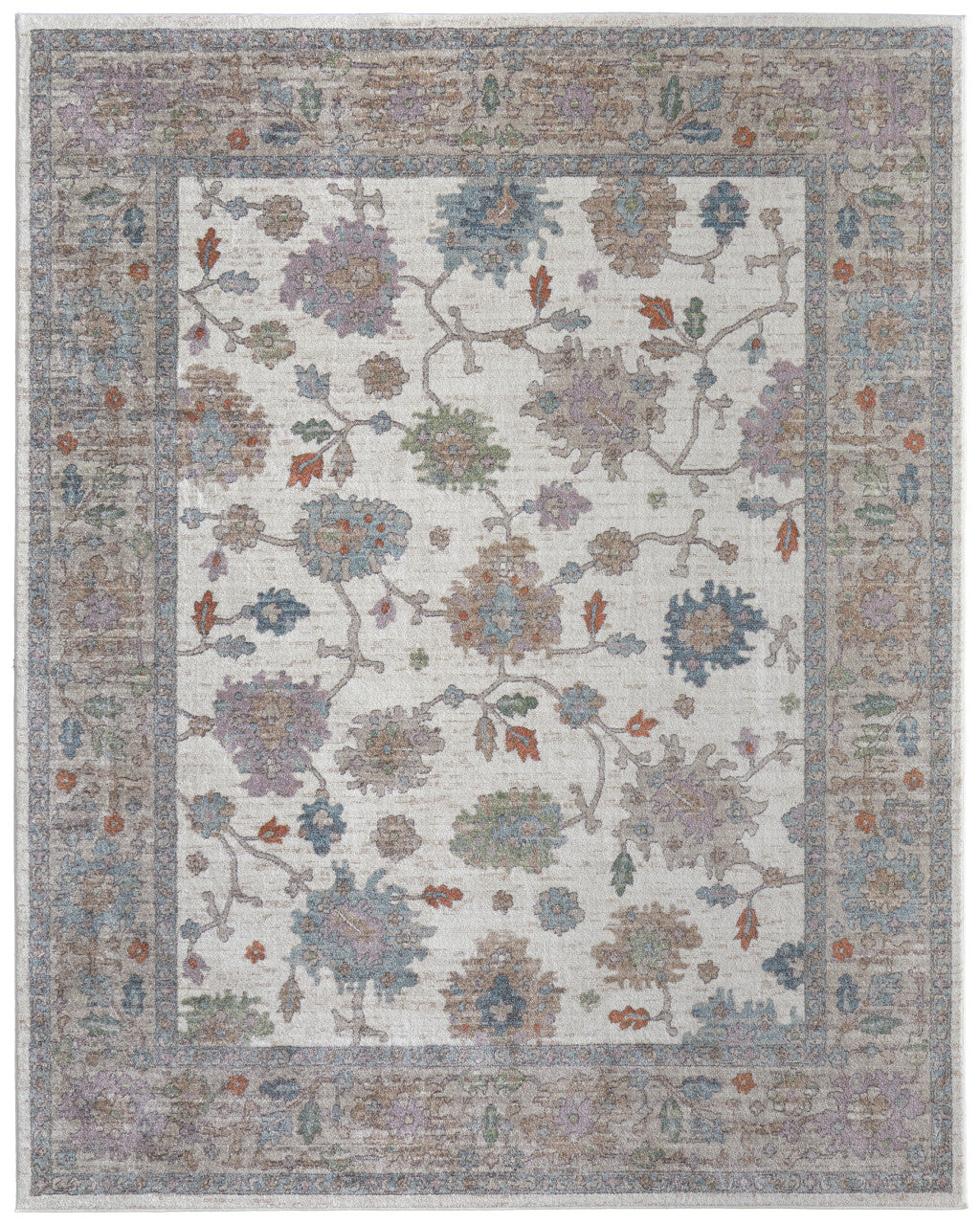 8' X 10' Ivory Brown And Blue Floral Distressed Area Rug
