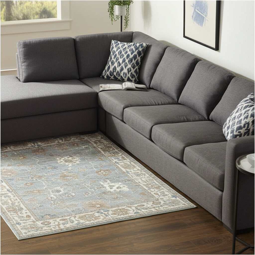 8' X 10' Blue Ivory And Brown Floral Distressed Area Rug