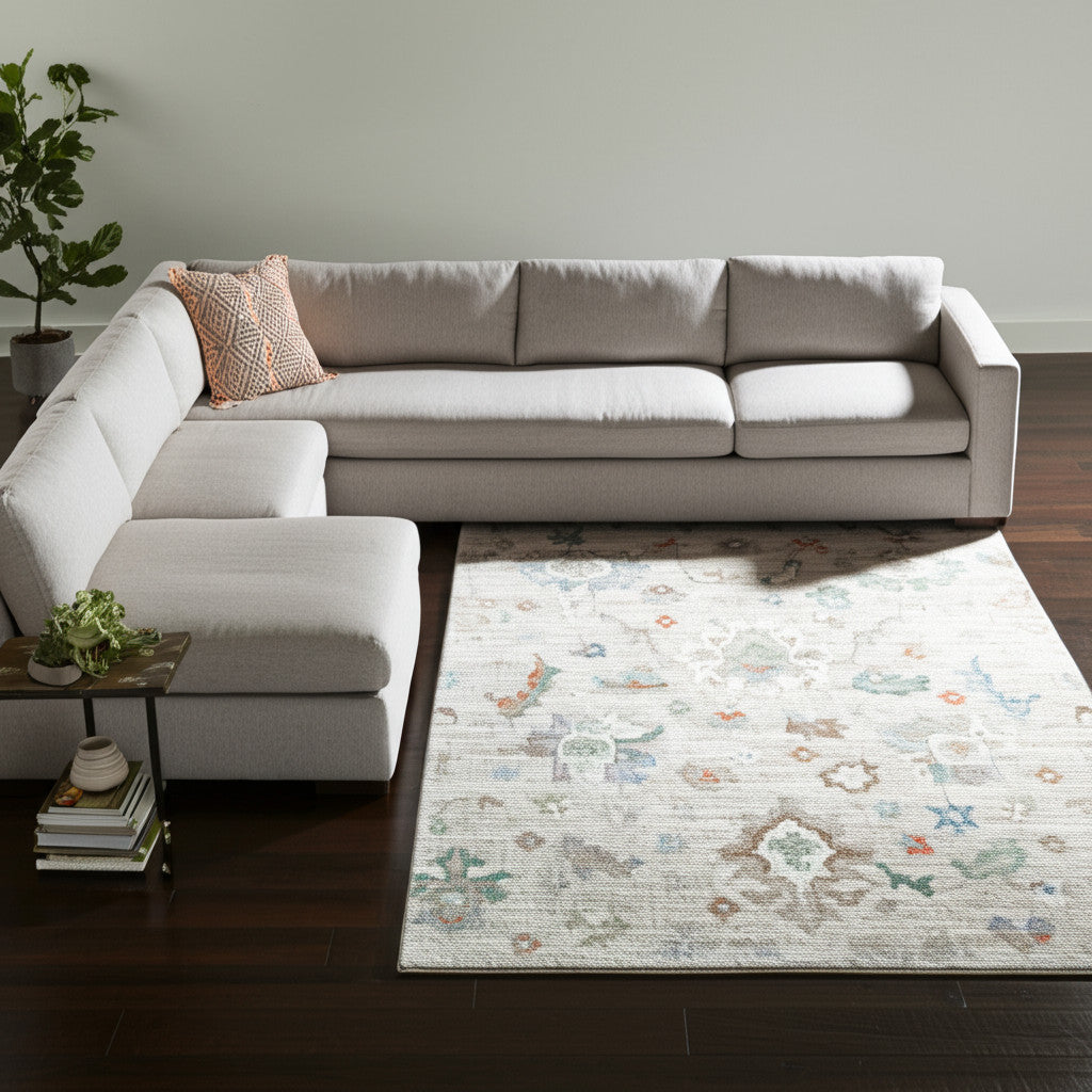 8' X 10' Tan Brown And Blue Abstract Distressed Area Rug