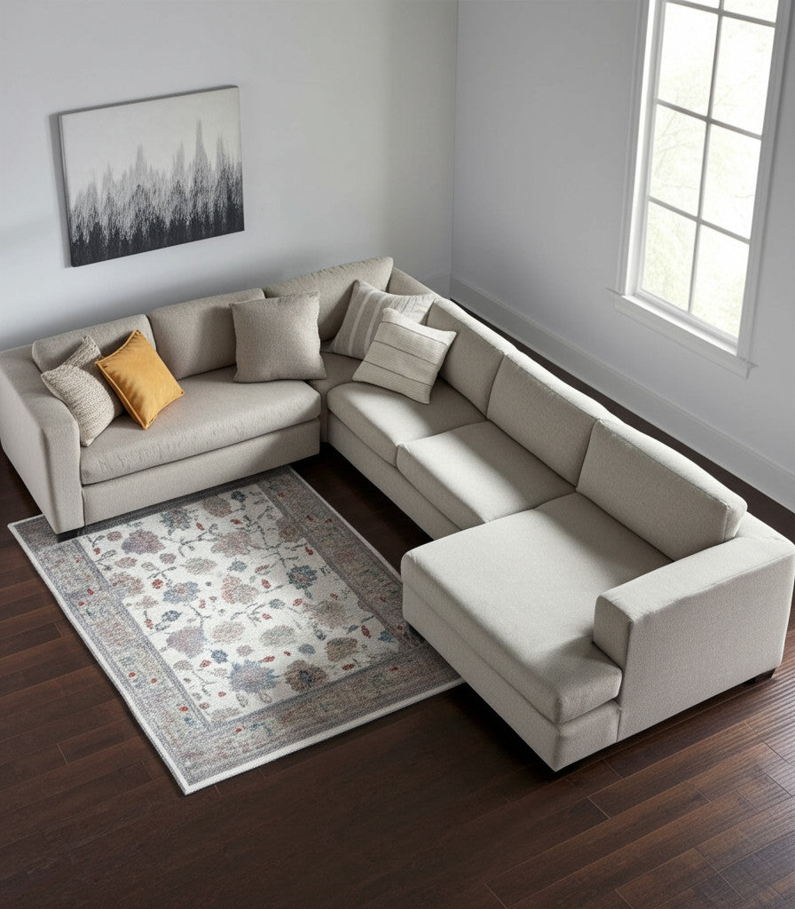 9' X 12' Ivory Brown And Blue Floral Distressed Area Rug