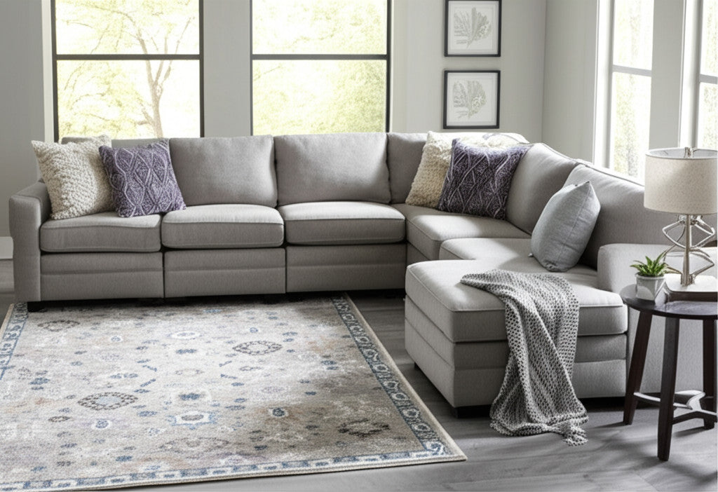 9' X 12' Gray Blue And Taupe Floral Distressed Area Rug