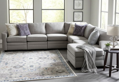 10' X 13' Gray Blue And Taupe Floral Distressed Area Rug