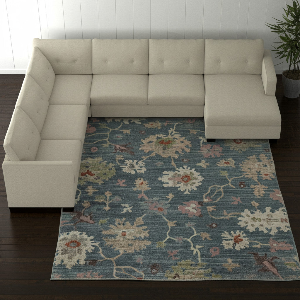 10' X 13' Blue Ivory And Pink Abstract Distressed Area Rug