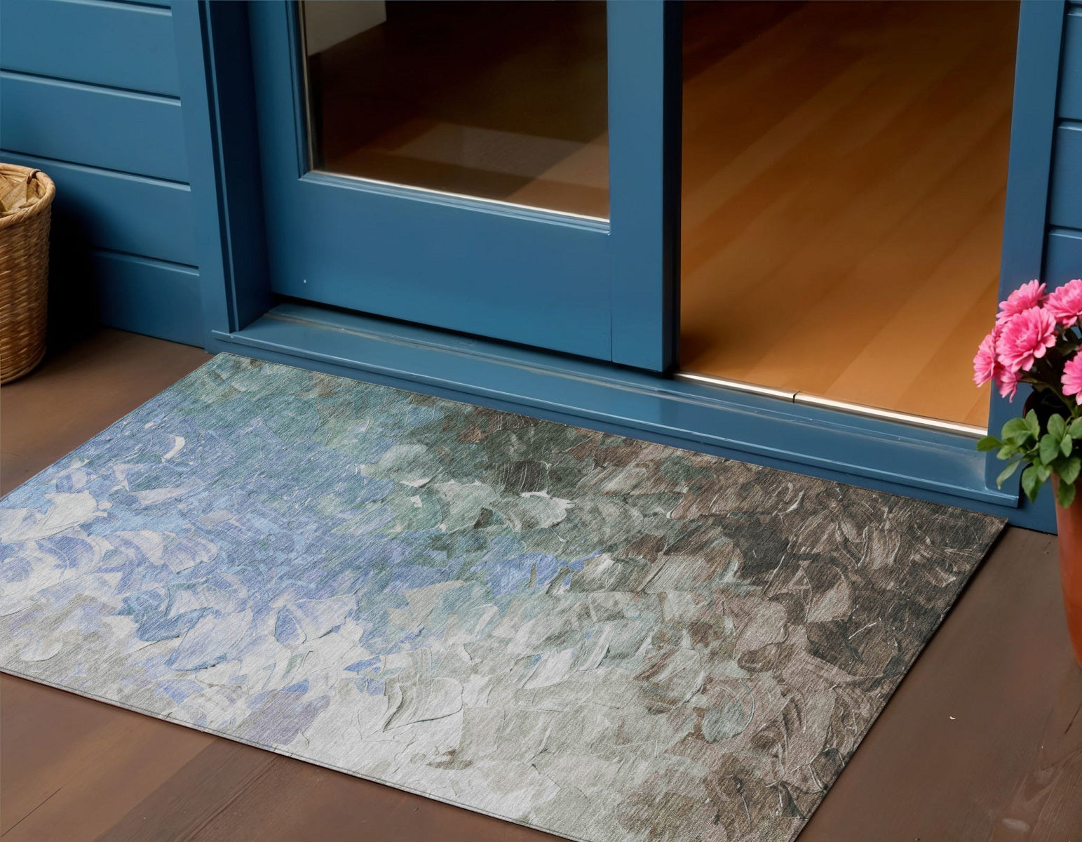 3 X 5 Denim Blue Taupe And Ivory Abstract Washable Indoor Outdoor Area Rug