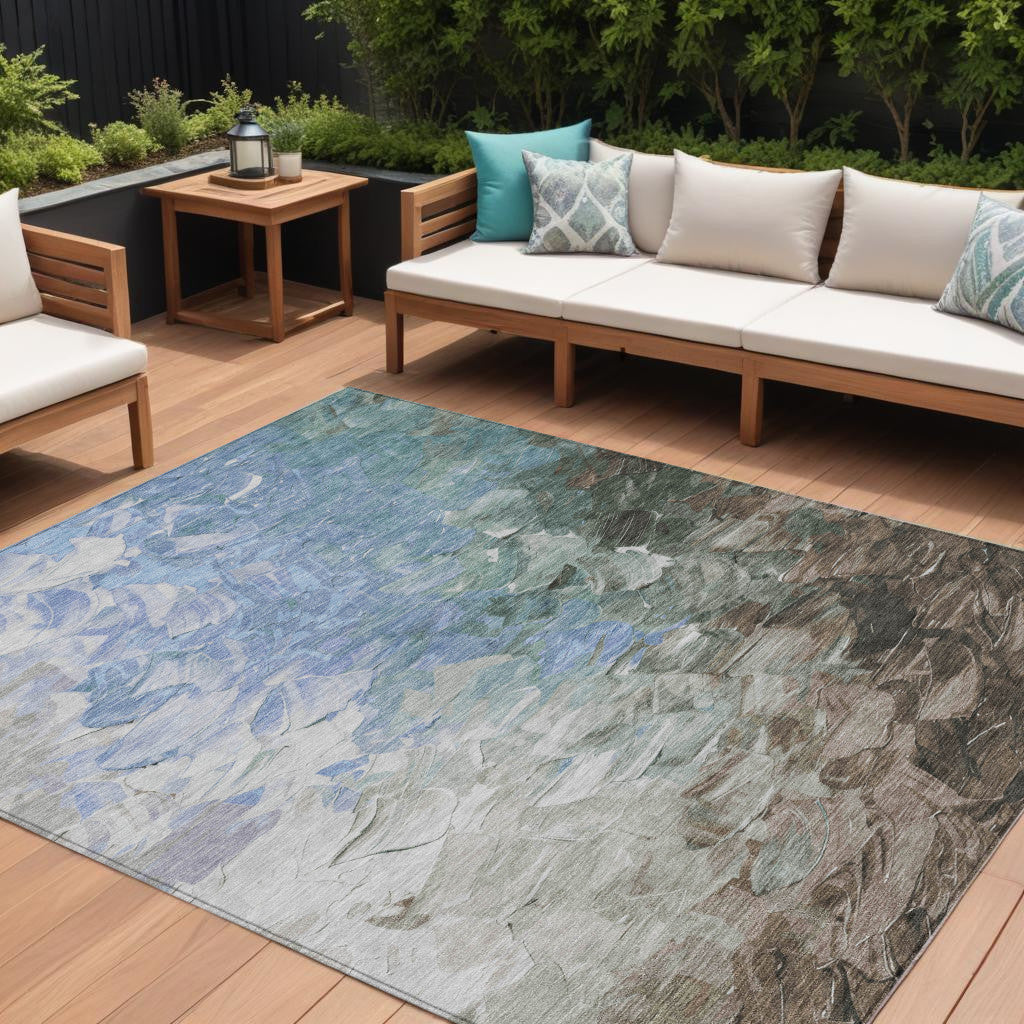 10 X 14 Denim Blue Taupe And Ivory Abstract Washable Indoor Outdoor Area Rug