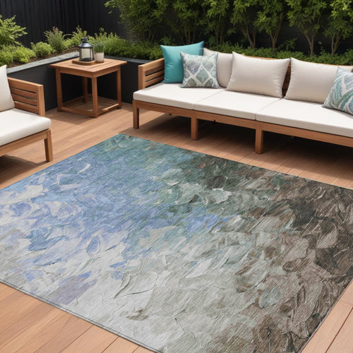 10 X 14 Denim Blue Taupe And Ivory Abstract Washable Indoor Outdoor Area Rug