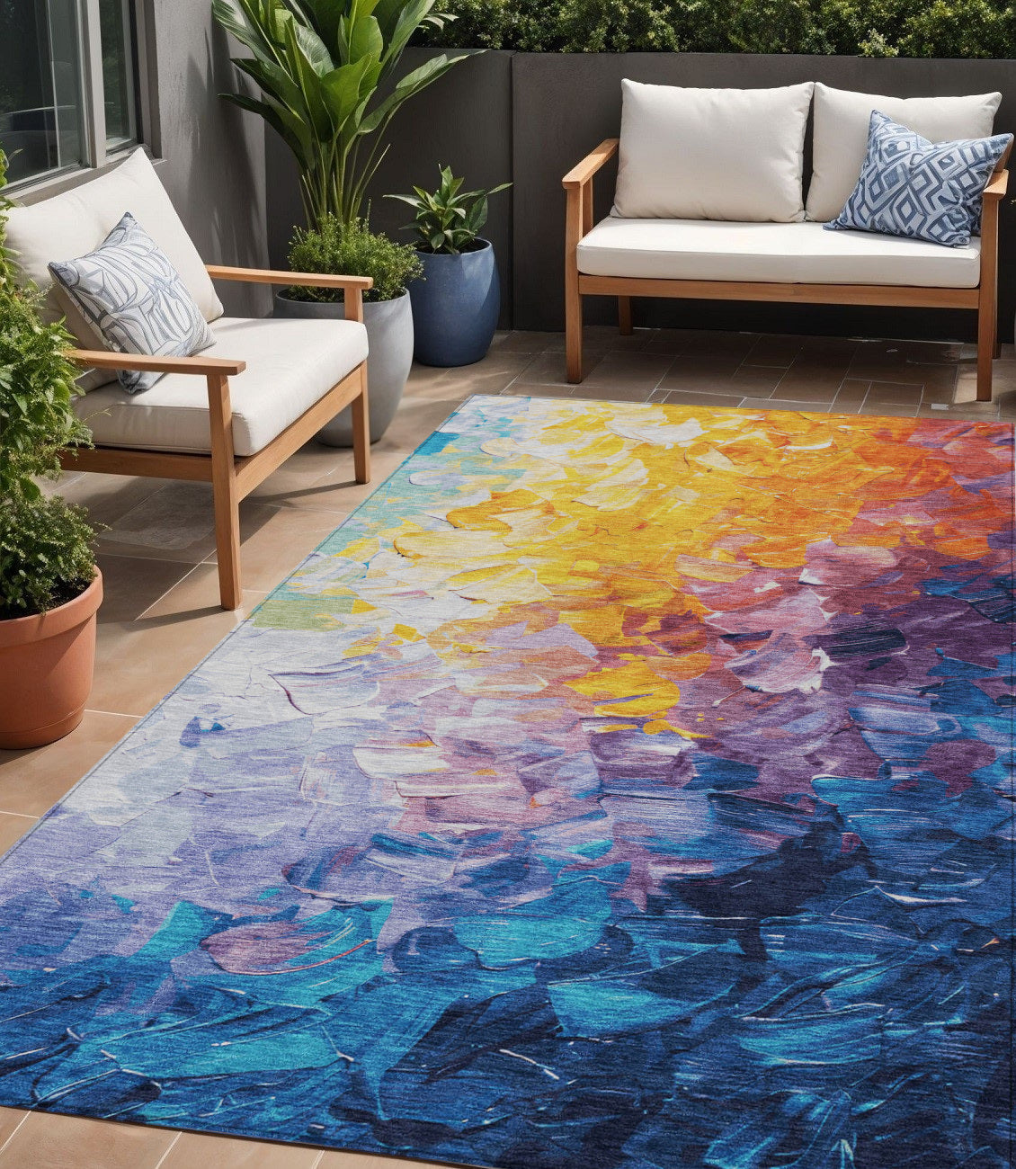 5 X 8 Gold Yellow And Teal Blue Abstract Washable Indoor Outdoor Area Rug