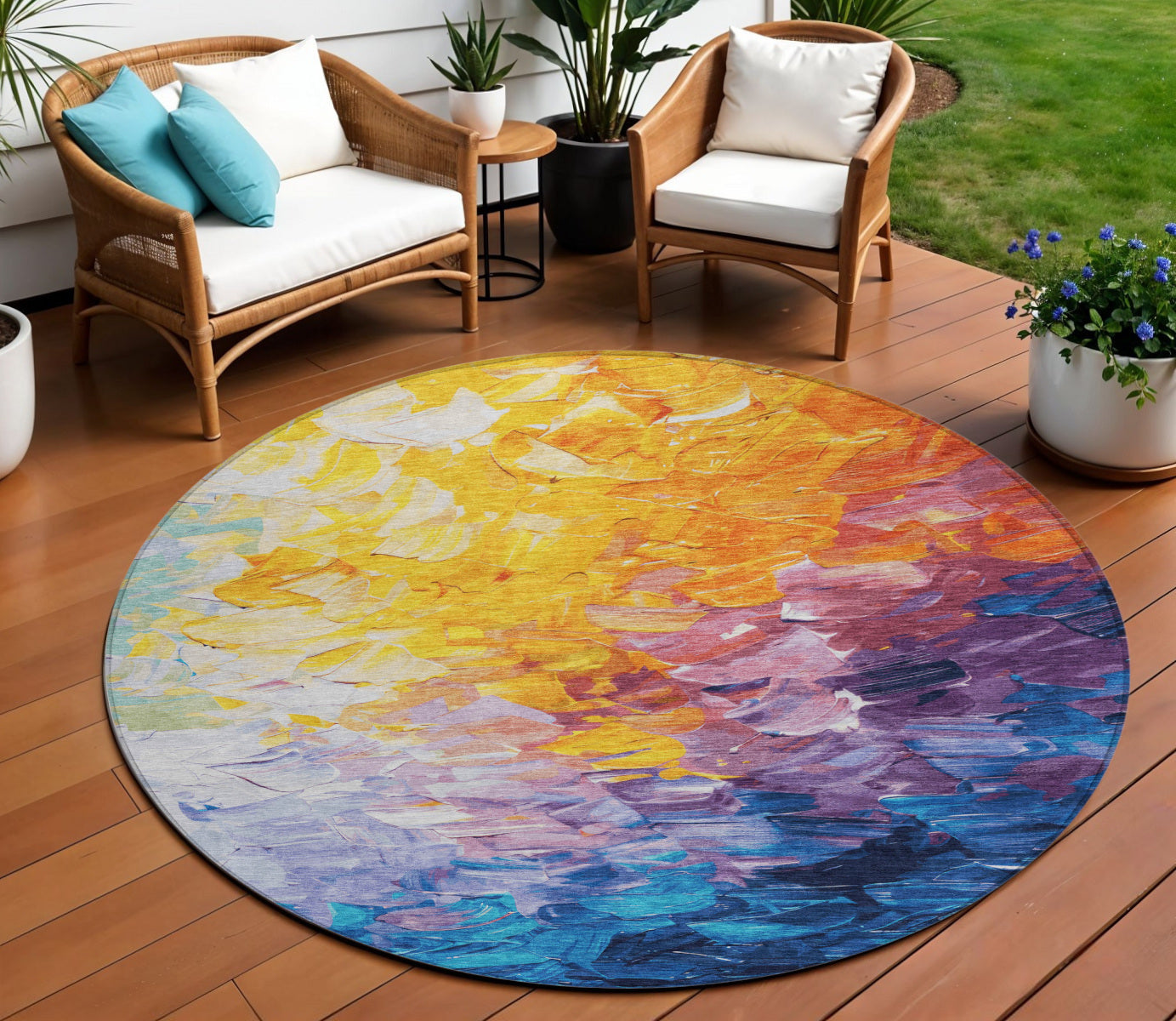 8 Gold Yellow And Teal Blue Round Abstract Washable Indoor Outdoor Area Rug