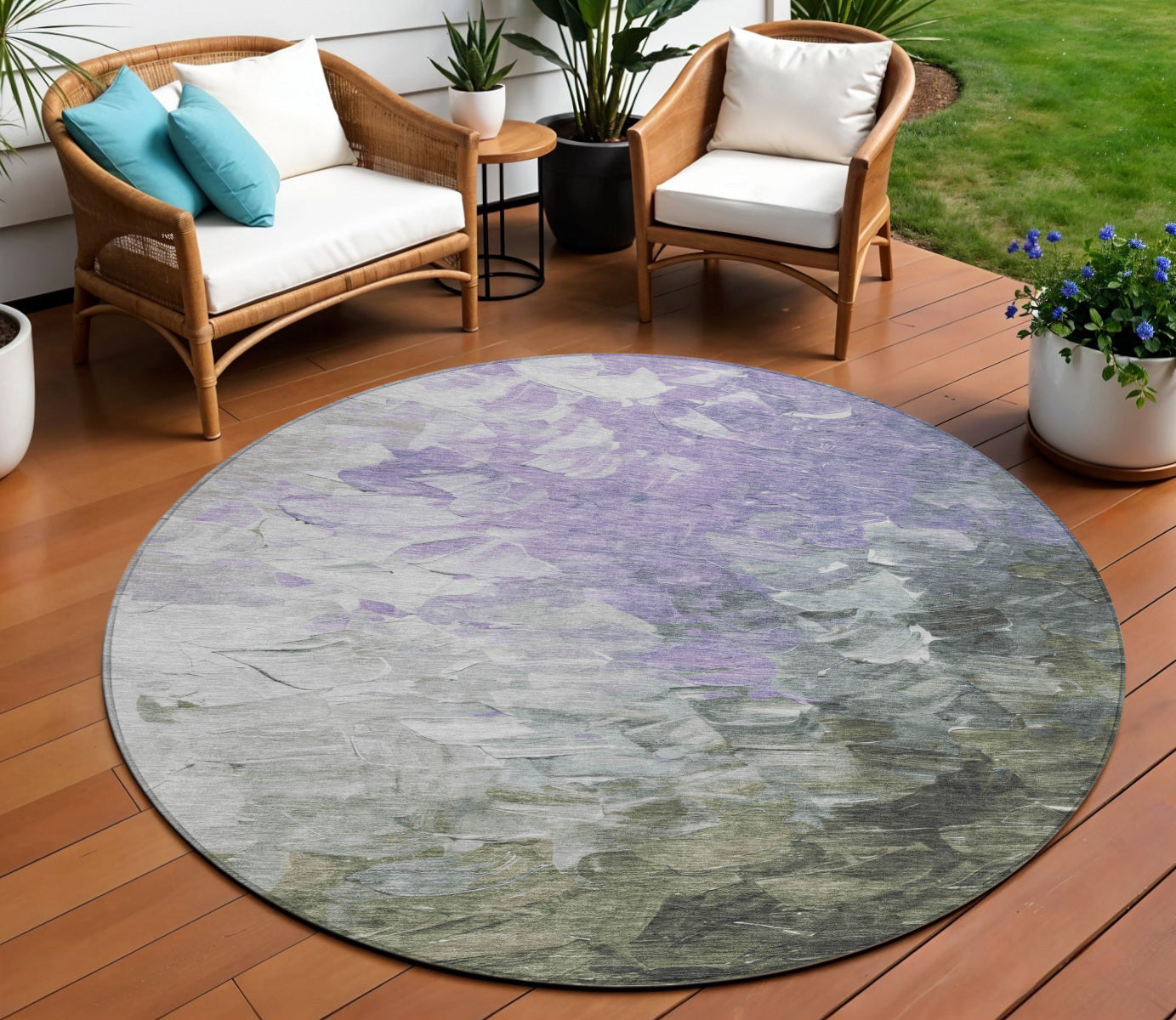 8 Lavender Olive Green And Silver Round Abstract Washable Indoor Outdoor Area Rug
