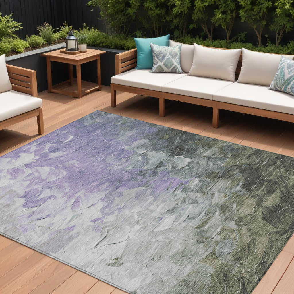 10 X 14 Lavender Olive Green And Silver Abstract Washable Indoor Outdoor Area Rug