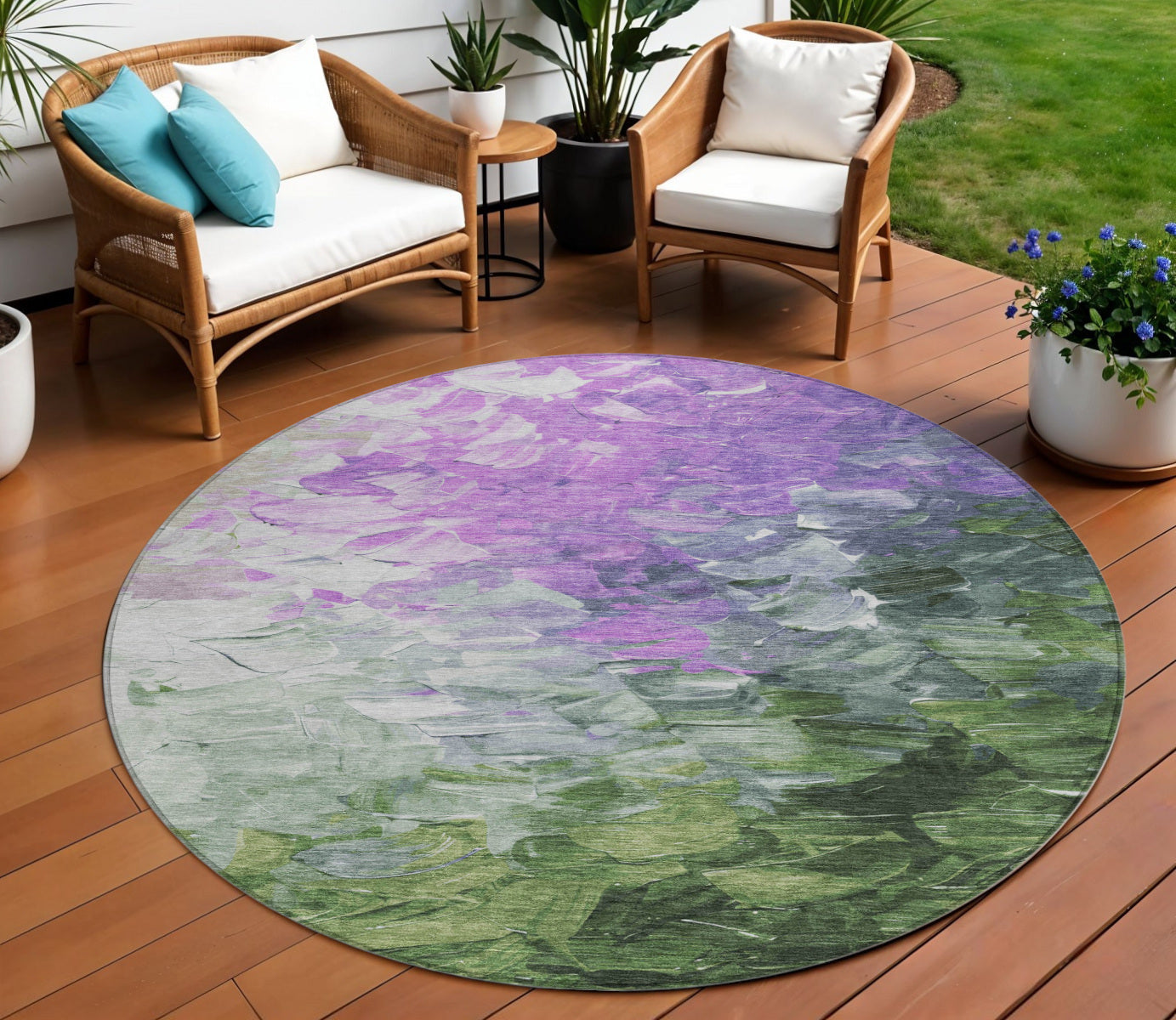 8 Purple Olive Green And Silver Round Abstract Washable Indoor Outdoor Area Rug