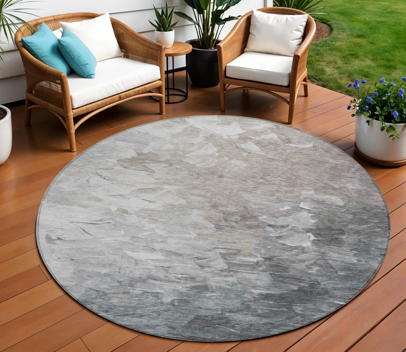 8 Taupe Brown And Silver Round Abstract Washable Indoor Outdoor Area Rug