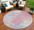 8 Blush Ivory And Blue Round Abstract Washable Indoor Outdoor Area Rug