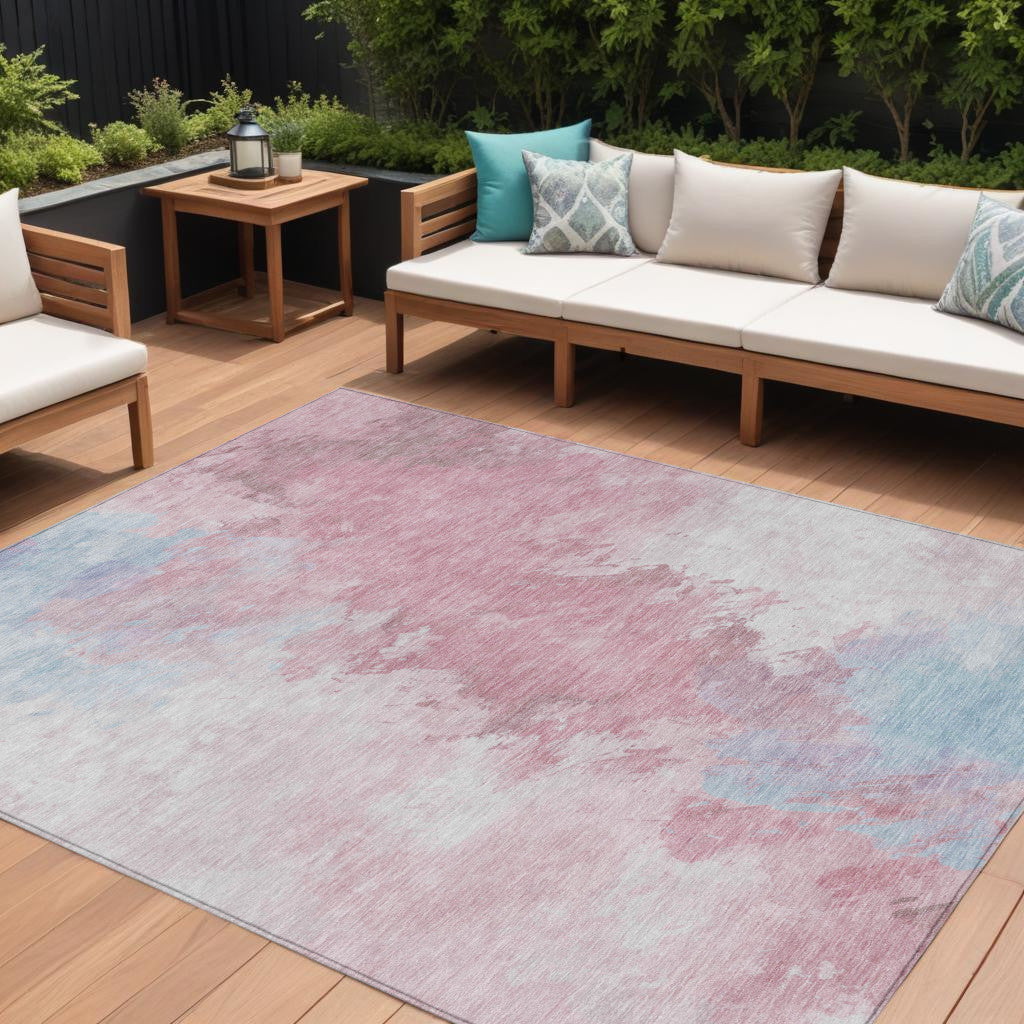 9 X 12 Blush Ivory And Blue Abstract Washable Indoor Outdoor Area Rug