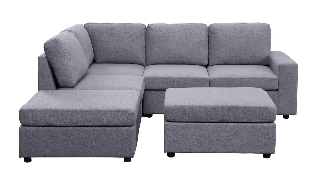 Lilola Home Skye Light Gray Linen 6 Seat Reversible Modular Sectional Sofa with Ottoman