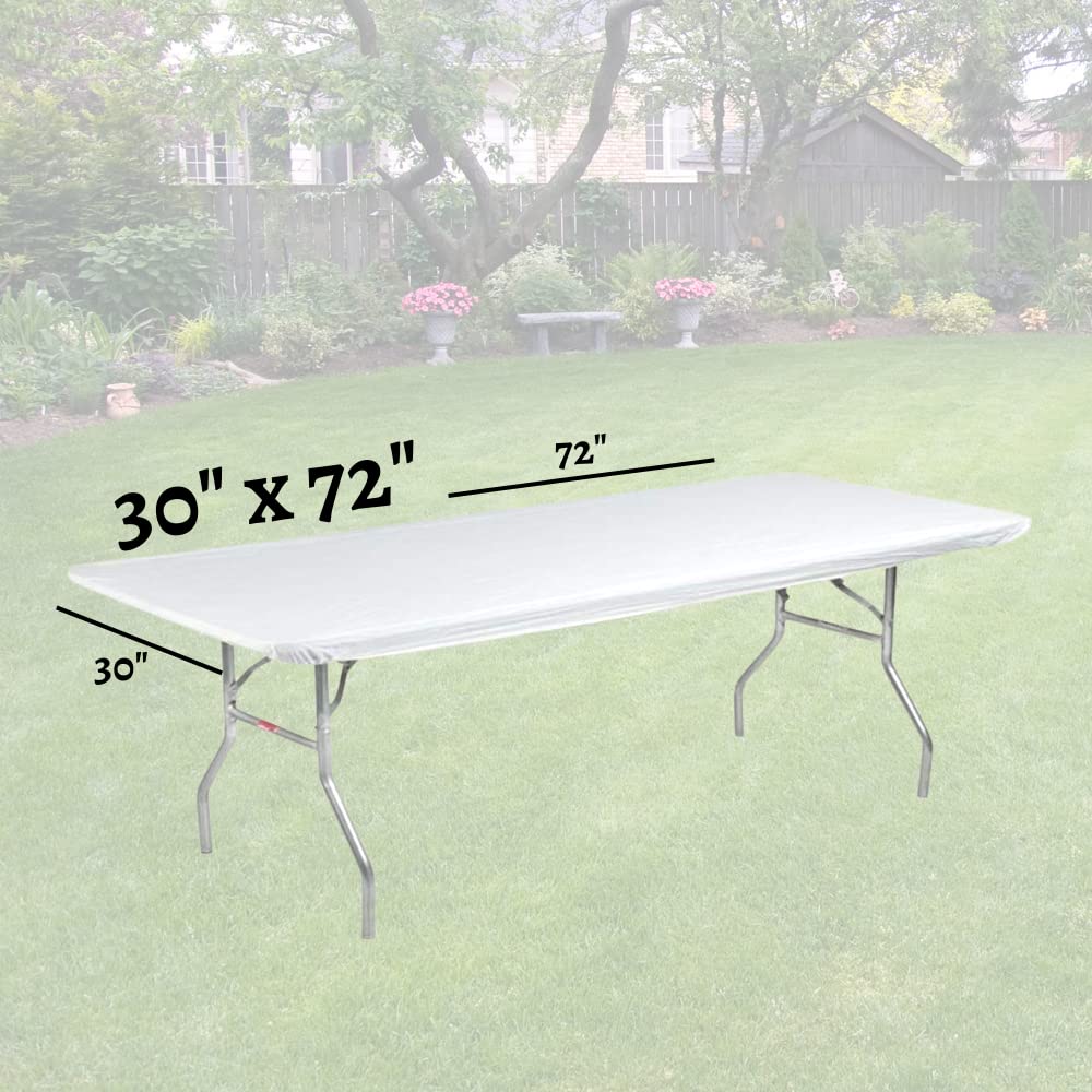 Kwik-Covers 6' Rectangular Plastic Table Covers Bundle Of 5 With Seventy (70) Ohm Commerce Paper Napkins - Indoor Or Outdoor Fitted Table Covers (Table Not Included) (30' X 72' White)