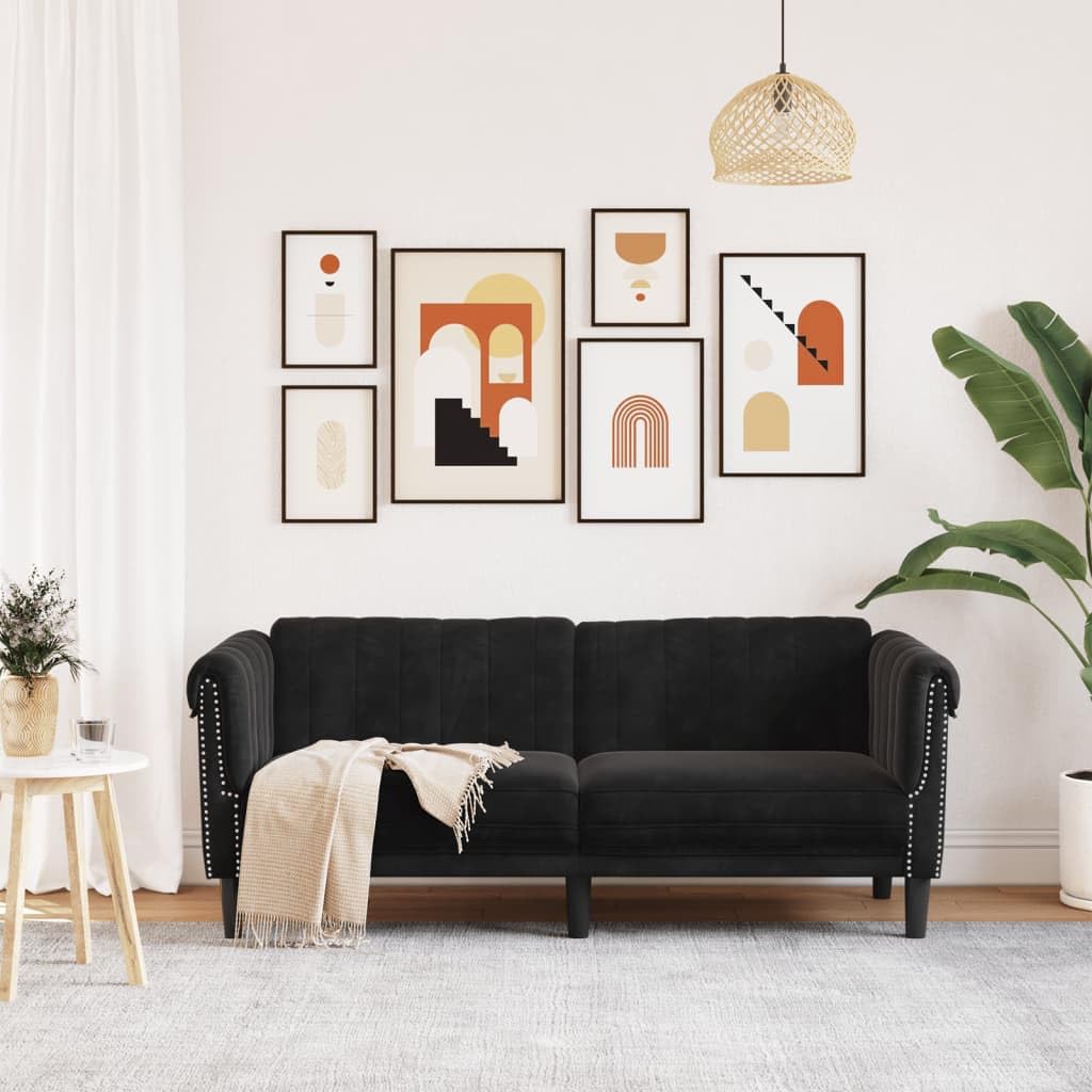 vidaXL Black Velvet 2-Seater Upholstered Loveseat - Modern Couch for Office/Living Room, Comfortable Padded Seating with Stable Wooden Legs