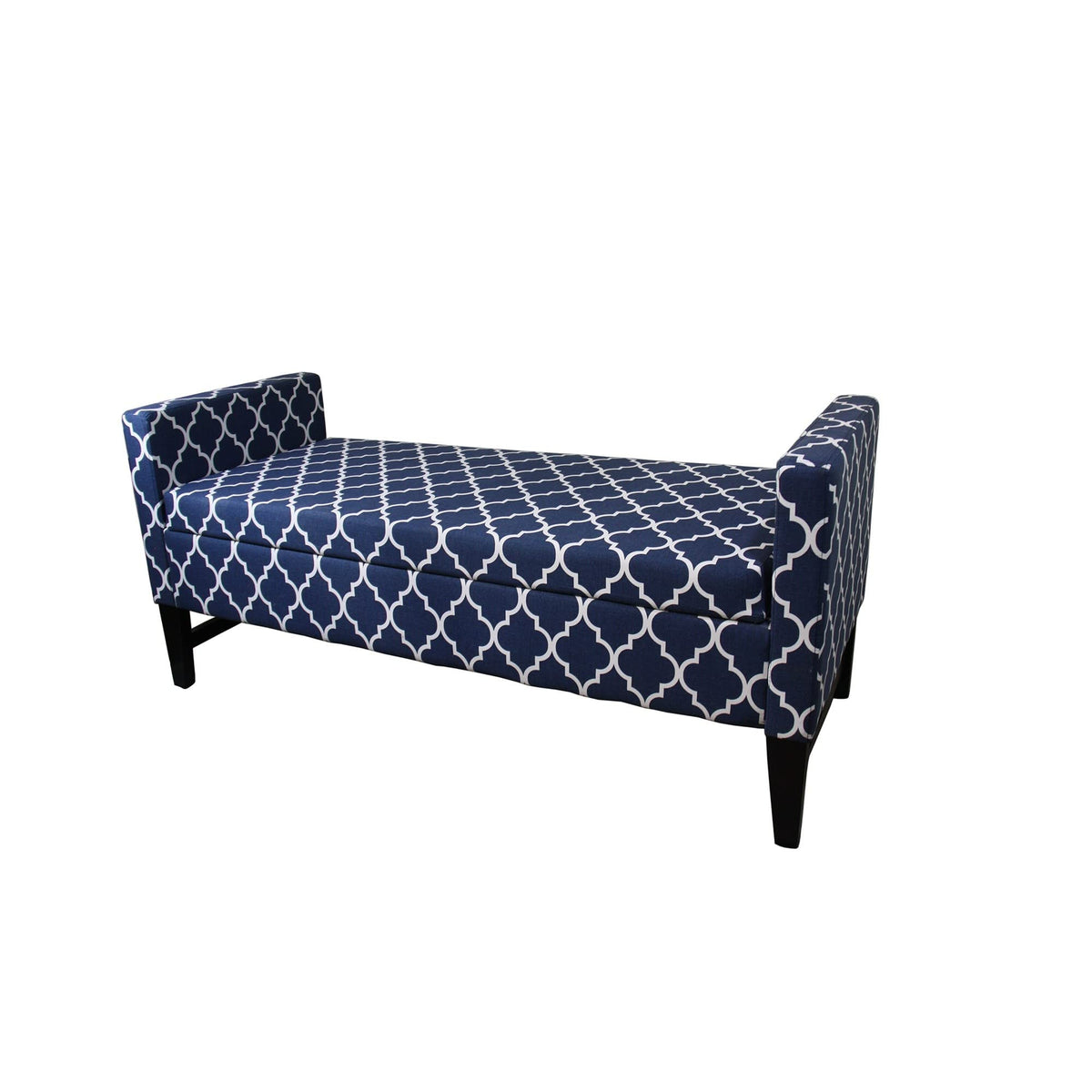 HomeRoots Wood, Polyurethane Foam: 97%, Polyester Fabric: 3% Blue and White Quatrefoil Dark Wood Storage Bench