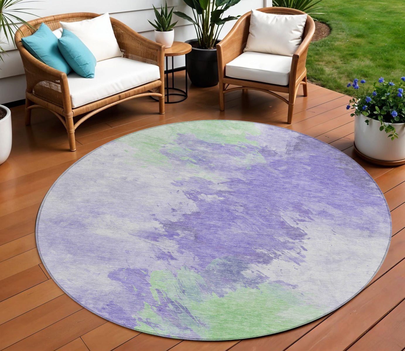 8 Lavender Mint Green And Ivory Round Abstract Washable Indoor Outdoor Area Rug