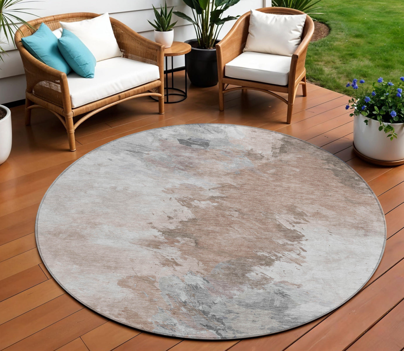 8 Brown Ivory And Gray Round Abstract Washable Indoor Outdoor Area Rug