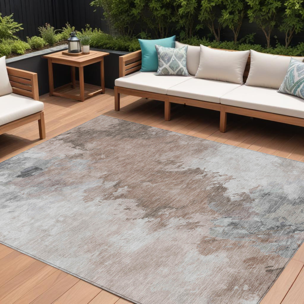 9 X 12 Brown Ivory And Gray Abstract Washable Indoor Outdoor Area Rug