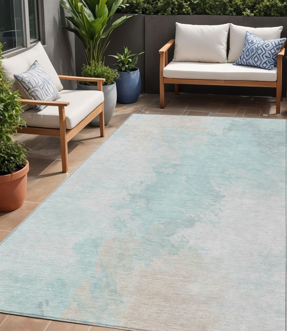 5 X 8 Pale Aqua Beige And Ivory Abstract Washable Indoor Outdoor Area Rug