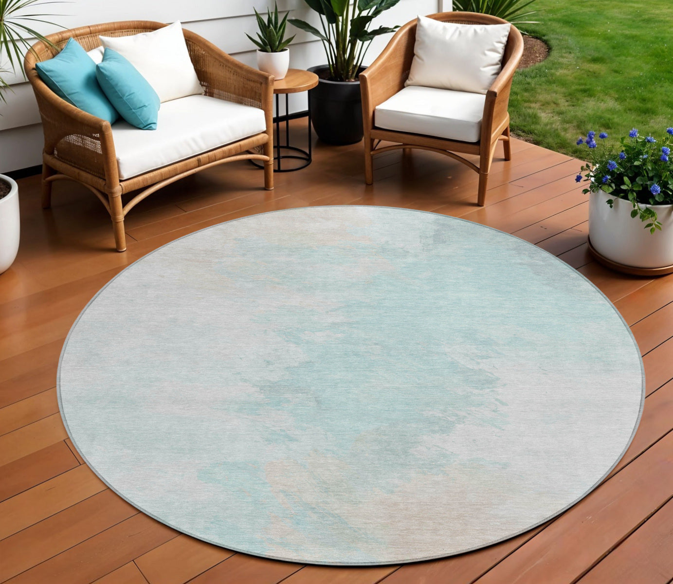 8 Pale Aqua Beige And Ivory Round Abstract Washable Indoor Outdoor Area Rug