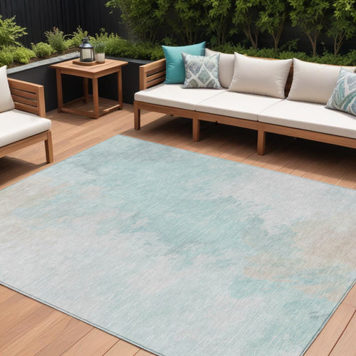 10 X 14 Pale Aqua Beige And Ivory Abstract Washable Indoor Outdoor Area Rug