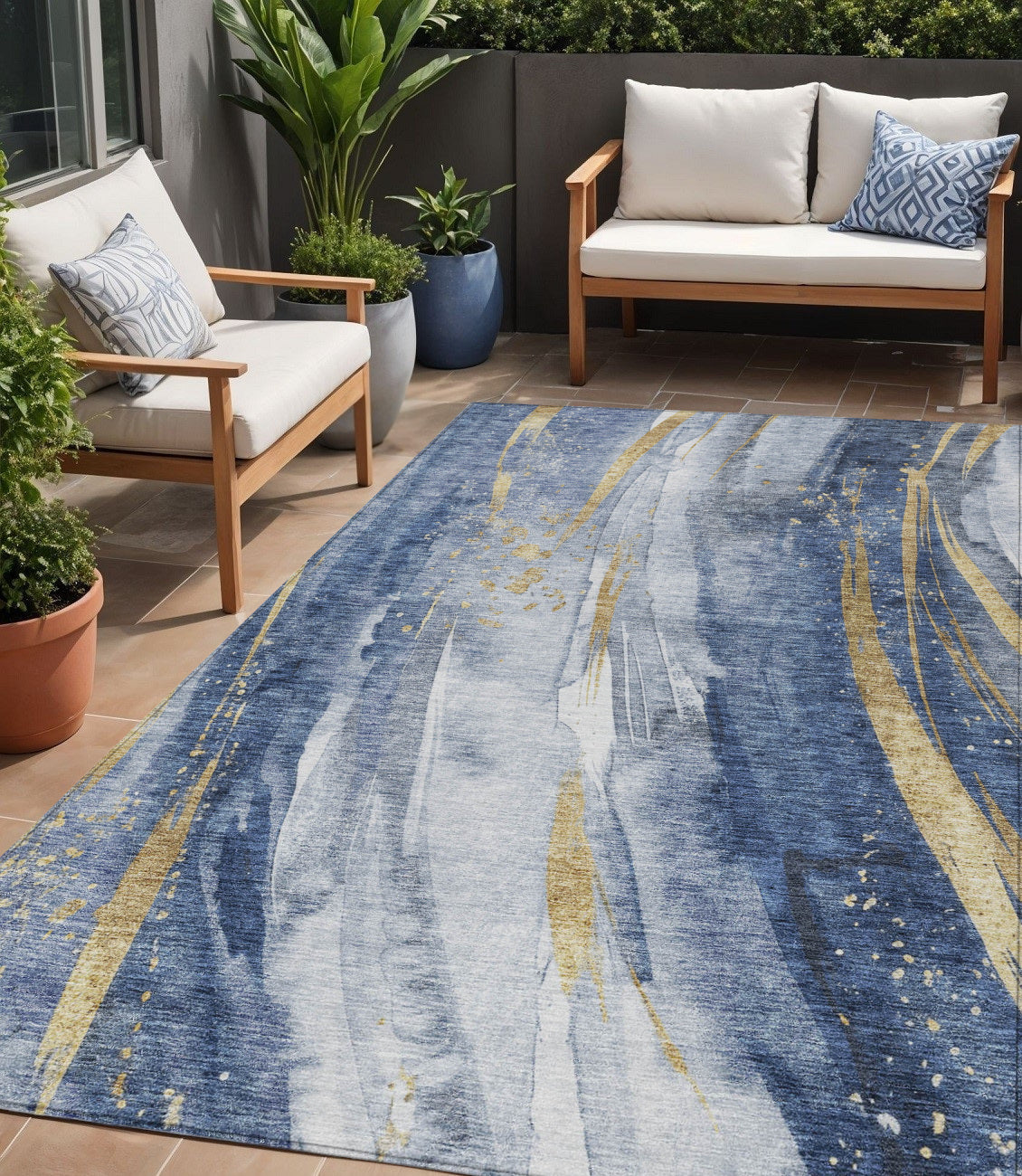 5 X 8 Blue Gold And Ivory Abstract Washable Indoor Outdoor Area Rug