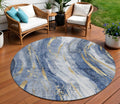8 Blue Gold And Ivory Round Abstract Washable Indoor Outdoor Area Rug