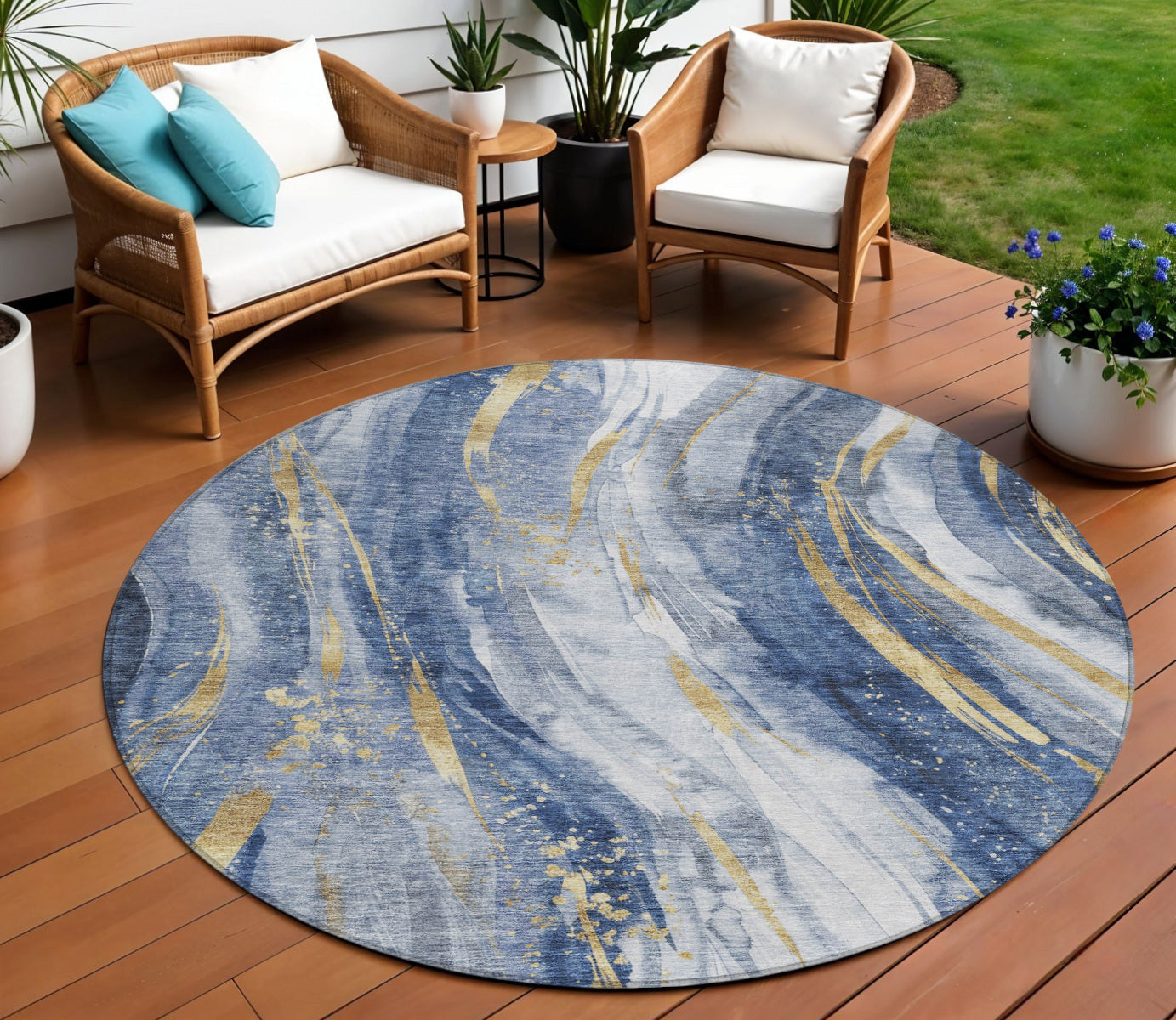 8 Blue Gold And Ivory Round Abstract Washable Indoor Outdoor Area Rug