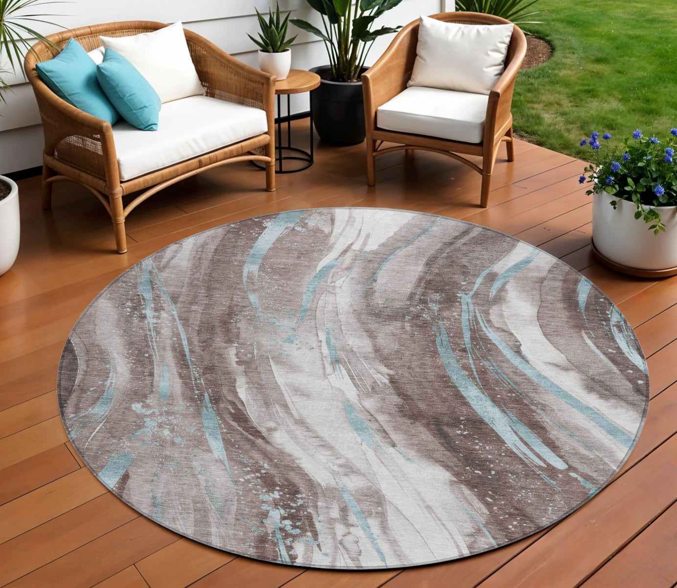 8 Taupe Sky Blue And Ivory Round Abstract Washable Indoor Outdoor Area Rug