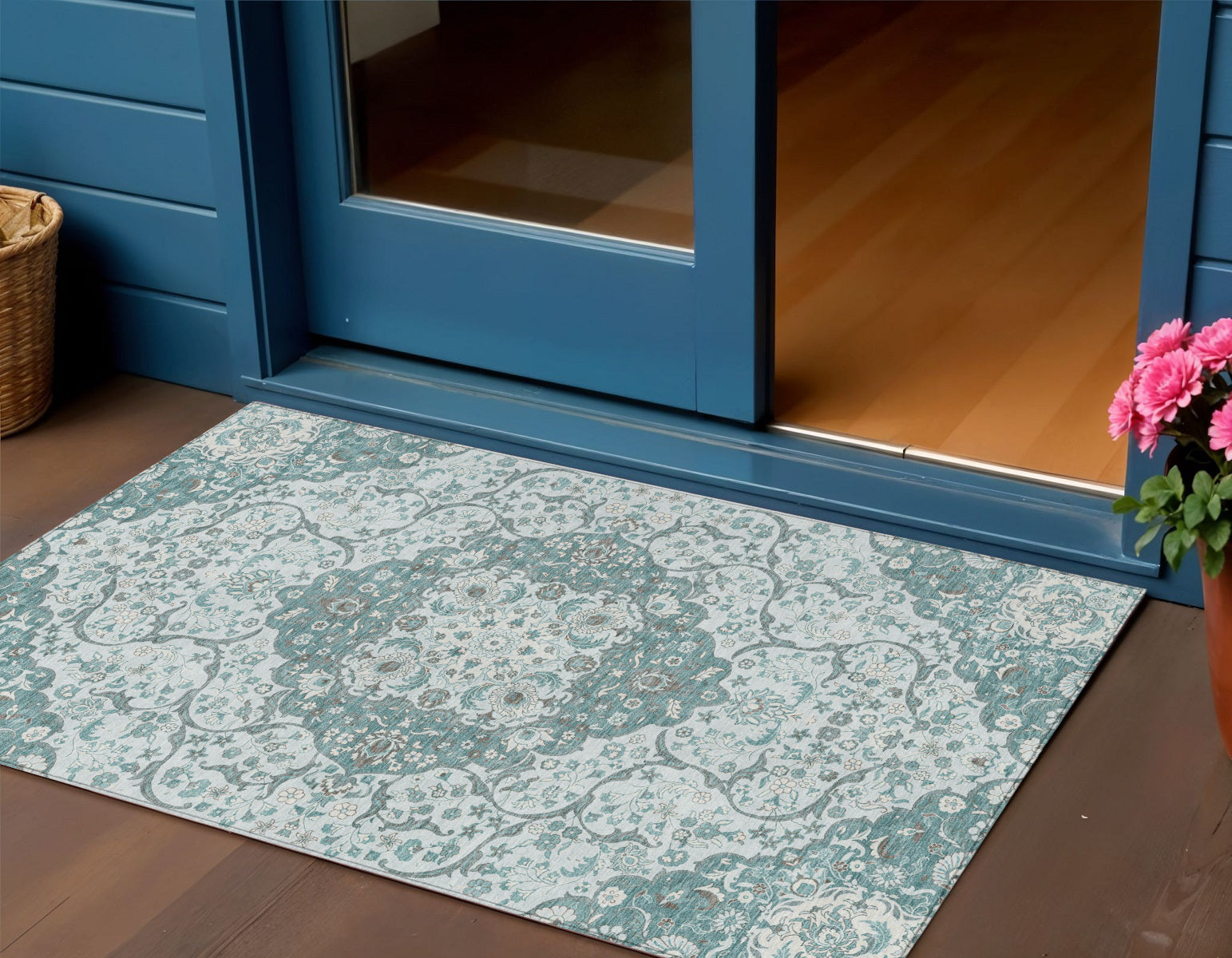 3 X 5 Teal Blue And Ivory Medallion Washable Indoor Outdoor Area Rug