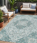 5 X 8 Teal Blue And Ivory Medallion Washable Indoor Outdoor Area Rug